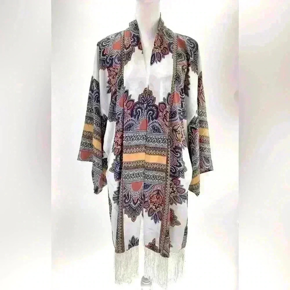OS FASHION FUSE Women Cover Wrap Blouse Robe Gold White Pattern A64 One Size - Picture 1 of 7